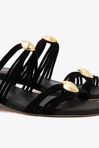 Shelly Flat Mule In Black Suede and Black Raffia