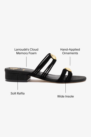 Shelly Flat Mule In Black Suede and Black Raffia