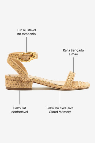 Sandália Flat Verona Ráfia Natural e Couro Bege