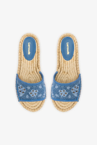Letizia Espadrille Flatform In Blue Stoned Denim and Hibiscus Broderie