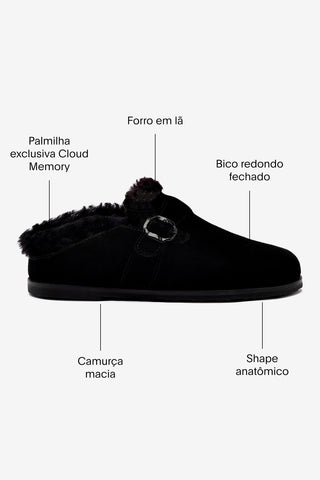 Mule Clog Milan Camurça Preto e Lã Preto