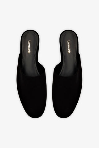Mule Flat Venice e Clutch Camurça Preto Mule Larroudé