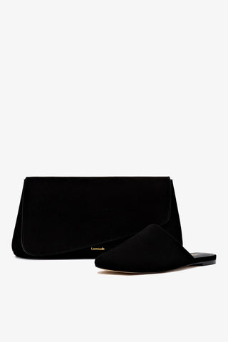 Mule Flat Venice e Clutch Camurça Preto Mule Larroudé