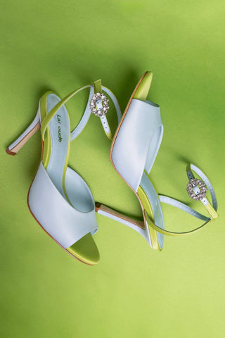 Sandália Jasmine Cetim Azul e Verde Sandal Larroudé