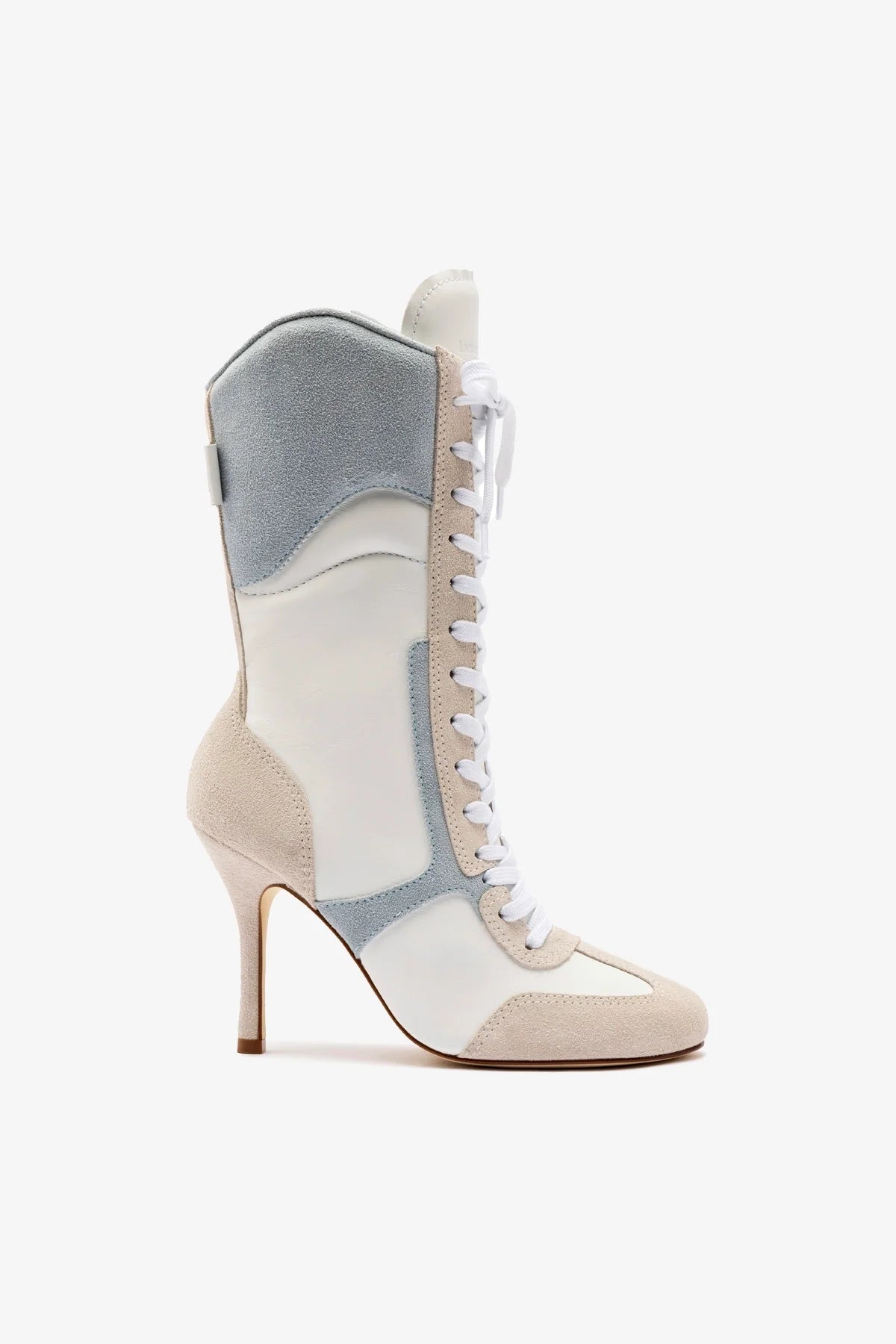 Larroude x Jonathan Cohen High Heel Sneaker Boot In White Leather, Maya and Mushroom Grey Suede