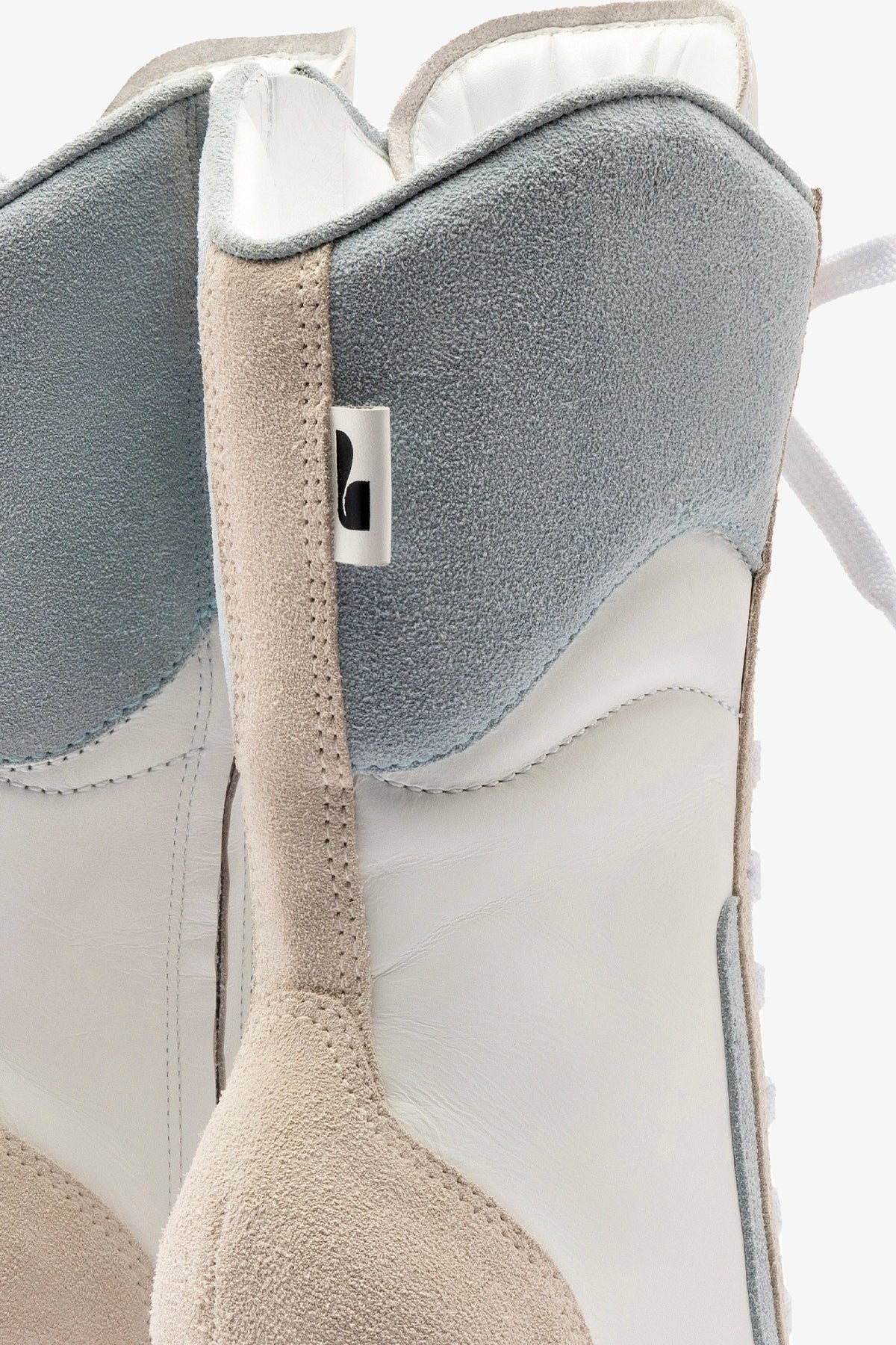 Larroude x Jonathan Cohen High Heel Sneaker Boot In White Leather, Maya and Mushroom Grey Suede