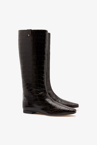 Bota Flat Alexis Couro Croco Marrom
