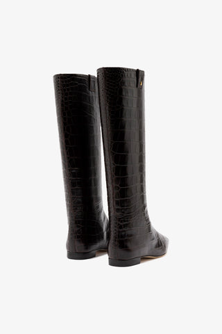 Bota Flat Alexis Couro Croco Marrom