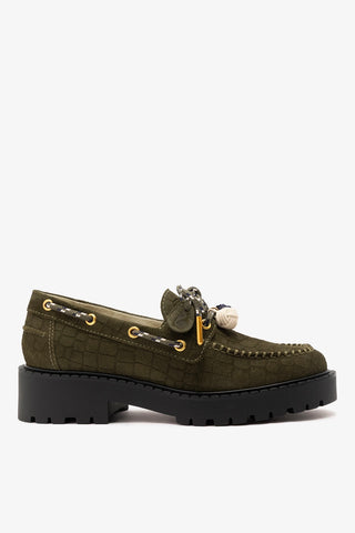 Mocassim Tratorado Cyprus Camurça Croco Verde Loafer Larroudé