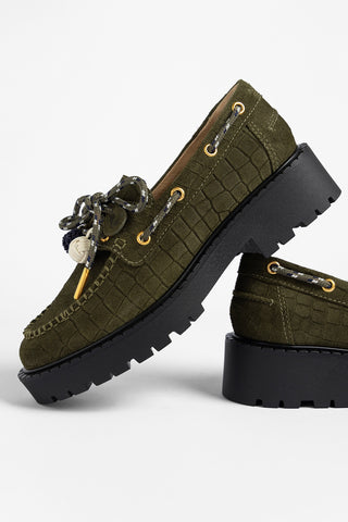 Mocassim Tratorado Cyprus Camurça Croco Verde Loafer Larroudé