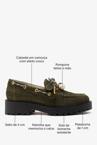 Mocassim Tratorado Cyprus Camurça Croco Verde Loafer Larroudé