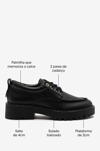 Mocassim Tratorado London Lace Up Couro Preto Oxford Larroudé