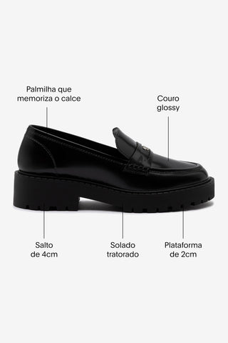 Mocassim Tratorado Suki Couro Preto Loafer Larroudé