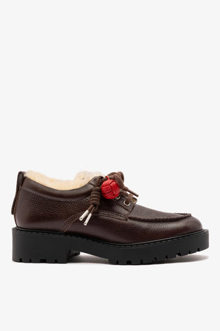 Mocassim Tratorado London Lace Up Couro Marrom e Lã Natural