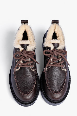 Mocassim Tratorado London Lace Up Couro Marrom e Lã Natural