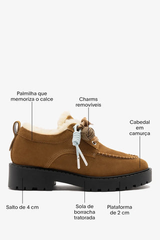 Mocassim Tratorado London Lace Up Camurça Marrom e Lã Natural