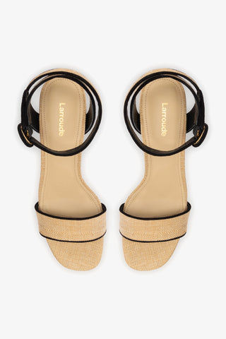 Sandália Plataforma Dolly Low Ráfia Bege e Camurça Preto