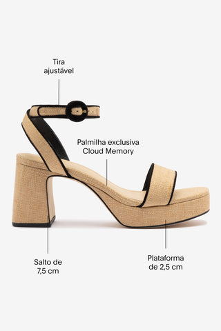Sandália Plataforma Dolly Low Ráfia Bege e Camurça Preto Sandal Larroudé