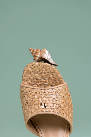 Mule Plataforma Dolly Low Ráfia e Couro Bege