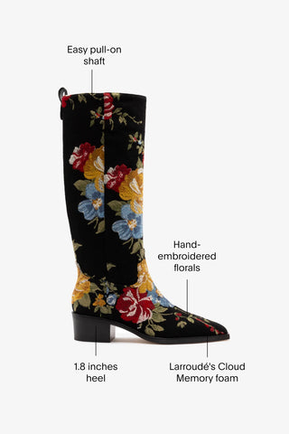 Larroudé x Markarian: Bota Florencia Miso Lã Preto e Bordado Floral