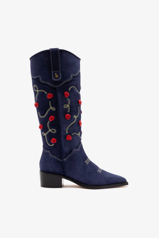 Bota Paloma Jeans Azul Bordado Floral Vermelho