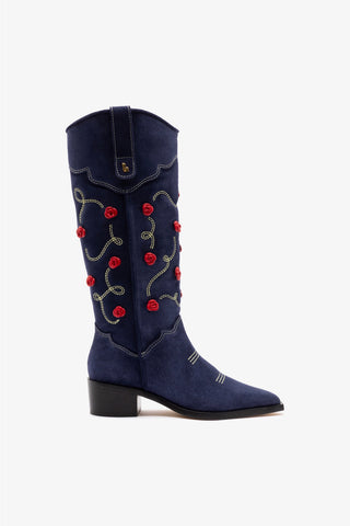 Bota Paloma Camurça Azul e Bordado Floral Womens - Shoes - Boots Larroudé