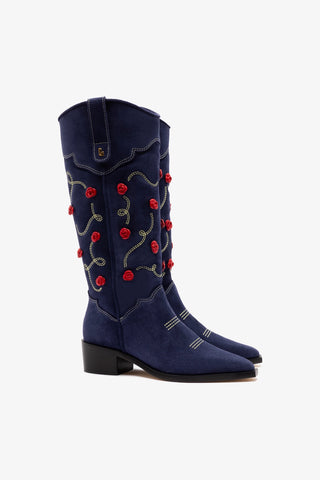 Bota Paloma Jeans Azul Bordado Floral Vermelho