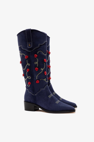 Bota Paloma Camurça Azul e Bordado Floral Womens - Shoes - Boots Larroudé