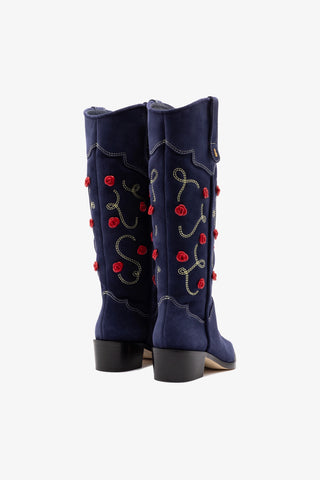 Bota Paloma Jeans Azul Bordado Floral Vermelho