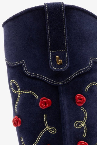Bota Paloma Jeans Azul Bordado Floral Vermelho