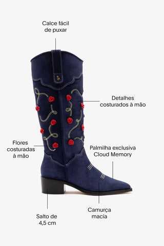Bota Paloma Jeans Azul Bordado Floral Vermelho