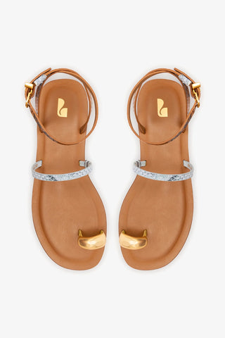 Flat Biarritz Couro Cobra Amarelo, Azul e Marrom