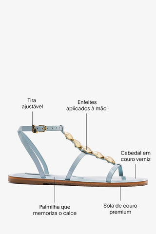 Sandália Flat Coquile Couro Verniz Azul Sandal Larroudé