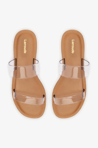 Flat Gabe Vinil Transparente e Couro Caramelo Flat Sandal Larroudé