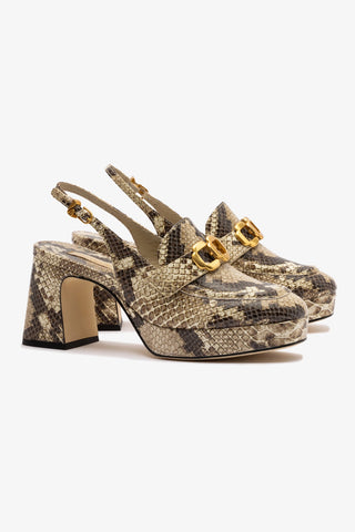 Slingback Plataforma Harrington Low Couro Cobra Bege