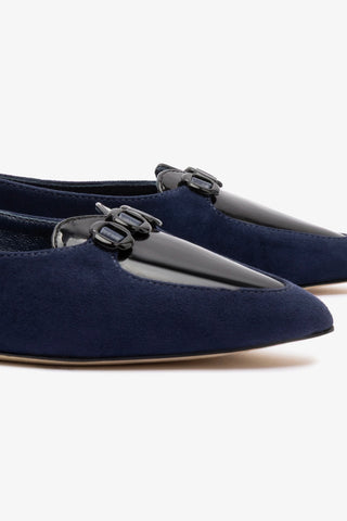 Mocassim Audrey Couro Azul e Couro Preto