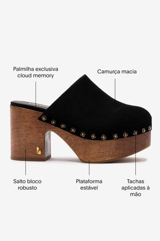 Mule Clog Plataforma Miso Camurça Preto Mule Larroudé