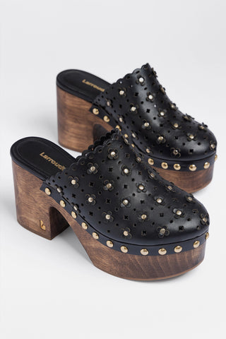 Mule Clog Plataforma Miso Couro Preto Mule Larroudé
