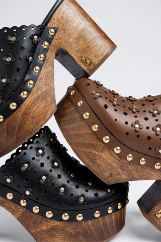 Mule Clog Plataforma Miso Couro Preto Mule Larroudé