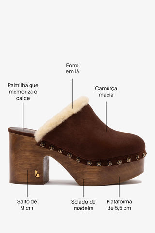 Sandália Plataforma Miso Camurça Marrom e Lã Natural Mule Larroudé