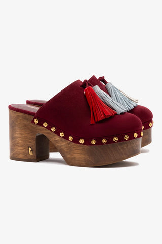 Mule Clog Plataforma Miso Wooden Tassel Camurça Bordô