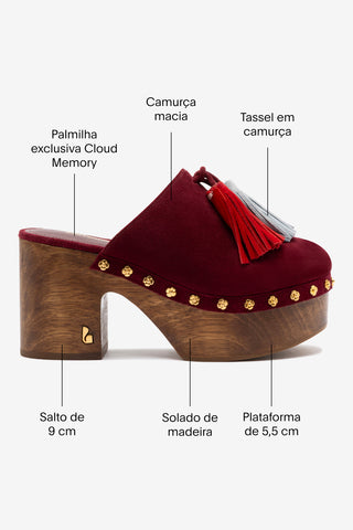 Mule Clog Plataforma Miso Wooden Tassel Camurça Bordô