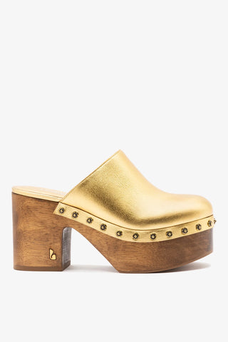 Mule Clog Plataforma Miso Couro Dourado Clog Larroudé