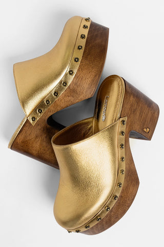 Mule Clog Plataforma Miso Couro Dourado Clog Larroudé