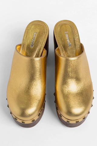 Mule Clog Plataforma Miso Couro Dourado Clog Larroudé