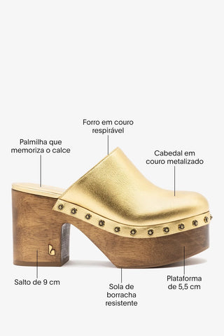 Mule Clog Plataforma Miso Couro Dourado Clog Larroudé