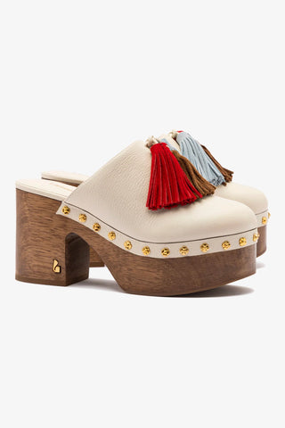 Mule Clog Plataforma Miso Wooden Tassel Couro Off White Mule Larroudé