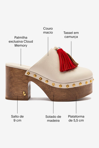 Mule Clog Plataforma Miso Wooden Tassel Couro Off White Mule Larroudé