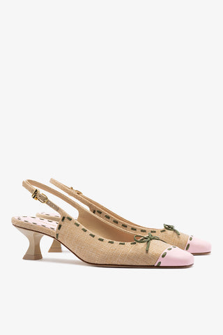Slingback Jenny Ráfia Bege e Couro Rosa e Verde Womens - Shoes - Pumps Larroudé