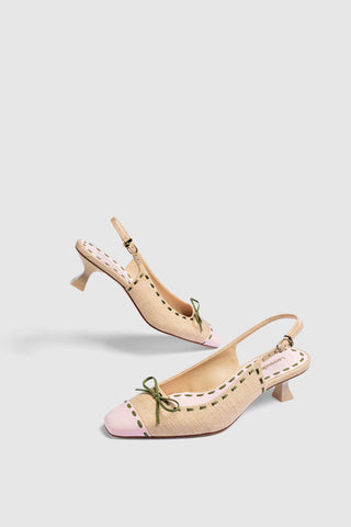 Slingback Jenny Ráfia Bege e Couro Rosa e Verde Womens - Shoes - Pumps Larroudé